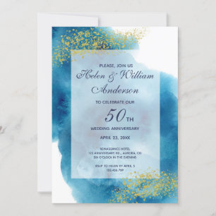 Invitation Aquarelle Bleu et Or 50e anniversaire Mariage