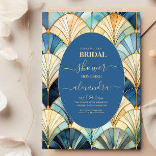 Invitation Aquarelle Bleu et Or Art Déco Mariage
