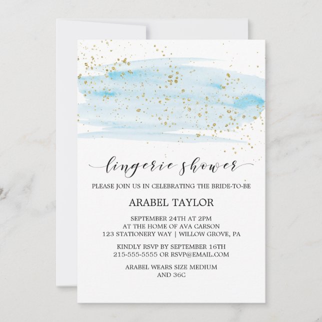 Invitation Aquarelle Bleu et or étincelle Lingerie Douche (Devant)