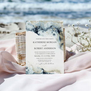Invitation Aquarelle bleu et or minimaliste Mariage