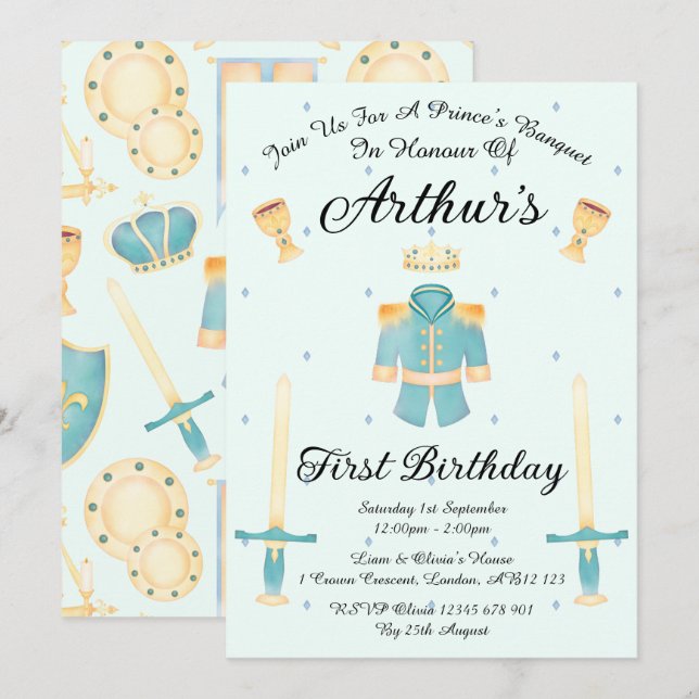 Invitation Aquarelle bleu et or Petit Prince Anniversaire (Devant / Derrière)