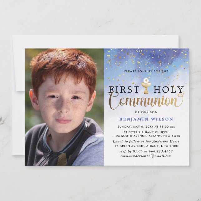 Invitation Aquarelle bleu et or Première communion sainte du  (Devant)