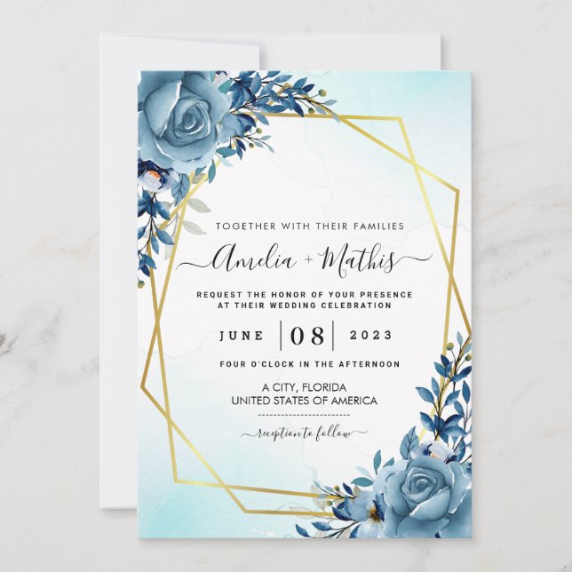 Invitation Aquarelle bleu et or printemps florale (Devant)