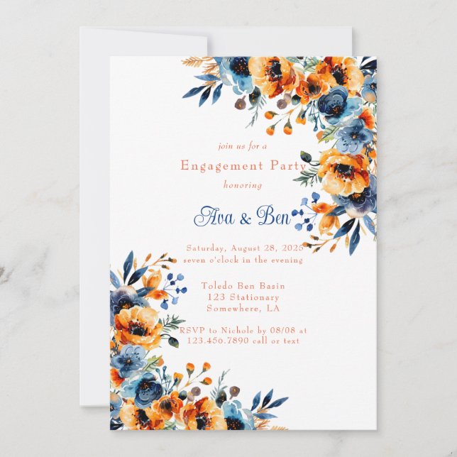Invitation Aquarelle bleu et orange Fête de fiançailles flora (Devant)