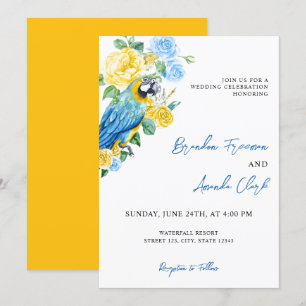 Invitation Aquarelle bleu et perroquet jaune Mariage floral