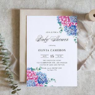 Invitation Aquarelle bleu et rose Baby shower Hydrangeas