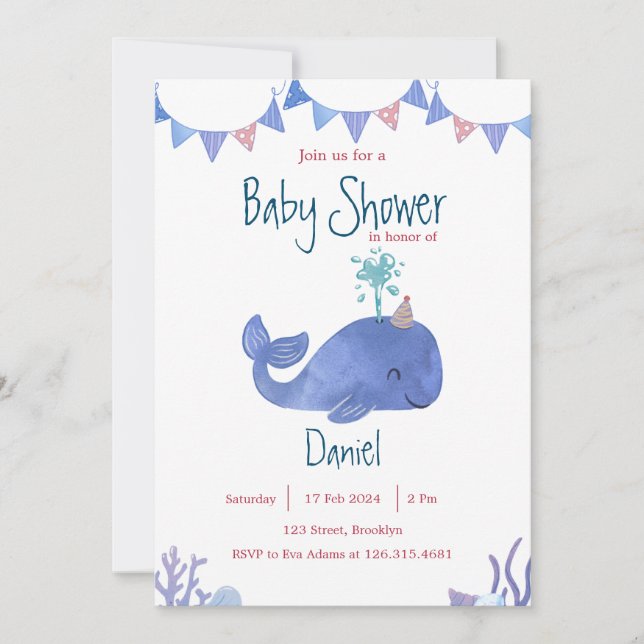 Invitation Aquarelle bleu et rouge Baby shower de baleine mig (Devant)