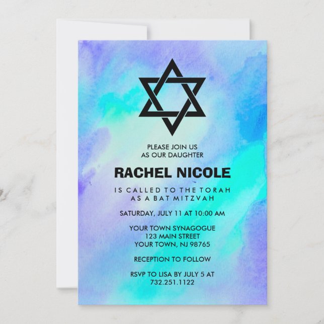 Invitation Aquarelle bleu et turquoise Bat mitzvah (Devant)
