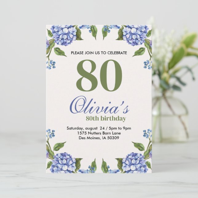 Invitation Aquarelle bleu et vert Hydrangea 80e anniversaire (Debout devant)