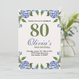 Invitation Aquarelle bleu et vert Hydrangea 80e anniversaire