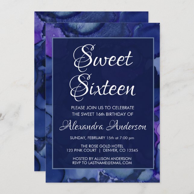 Invitation Aquarelle bleu et violet Encre douce 16 Anniversai (Devant / Derrière)