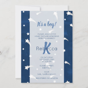 Invitation Aquarelle bleu étoile Monogramme Baby shower Garço