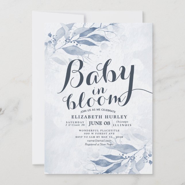 Invitation Aquarelle bleu Feuille Baby shower bébé en fleur (Devant)