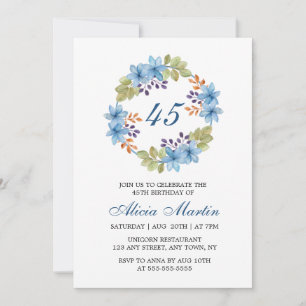 Invitation Aquarelle Bleu Fleur Vert N'importe quel âge Anniv