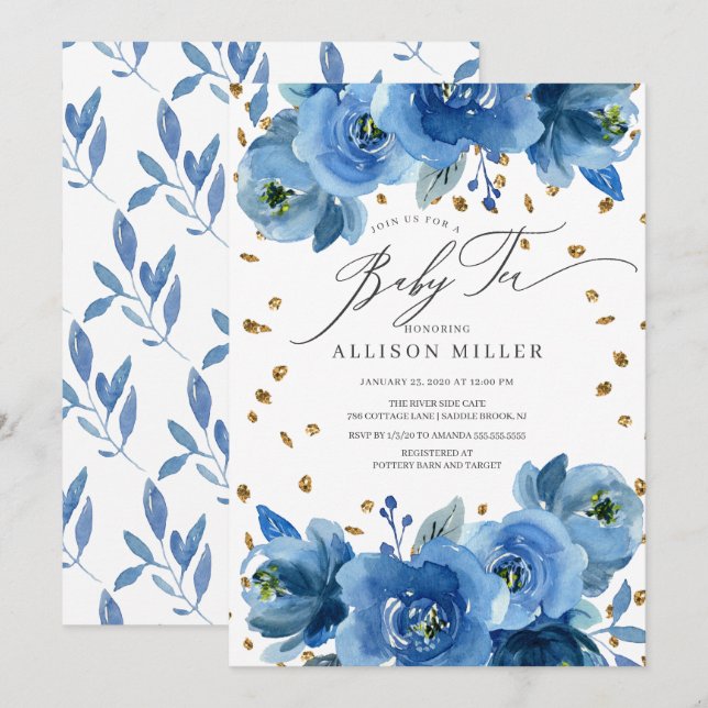 Invitation Aquarelle Bleu Fleurs Baby shower Thé (Devant / Derrière)