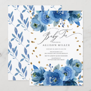 Invitation Aquarelle Bleu Fleurs Baby shower Thé