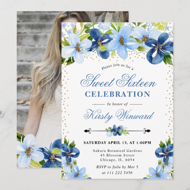 Invitation Aquarelle Bleu Fleurs d'été Photo Sweet 16 (Devant / Derrière)