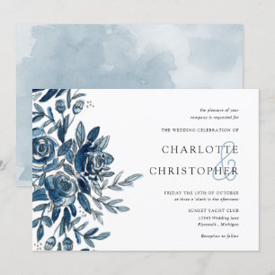 Invitation aquarelle bleu fleurs d'indigo horizontale mariage