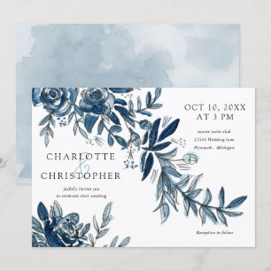Invitation aquarelle bleu fleurs d'indigo horizontale mariage