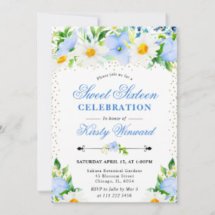 Invitation Aquarelle bleu Fleurs et marguerites Photo Sweet 1