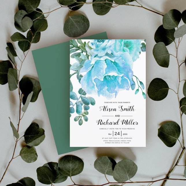 Invitation Aquarelle bleu fleurs script typographie mariage (Créateur téléchargé)