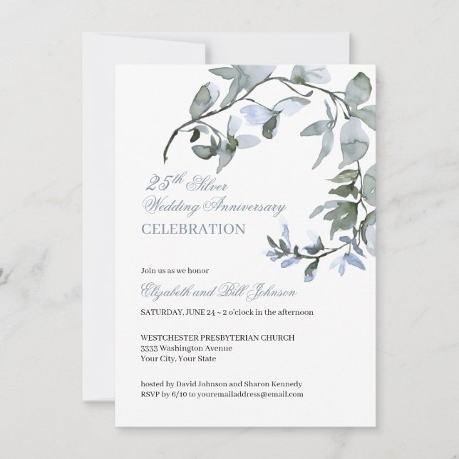 Invitation Aquarelle Bleu Floral 25e anniversaire Mariage (Devant)
