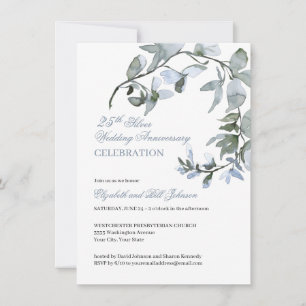 Invitation  Aquarelle Bleu Floral 25e anniversaire Mariage