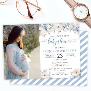 Invitation Aquarelle bleu floral bébé garçon douche photo