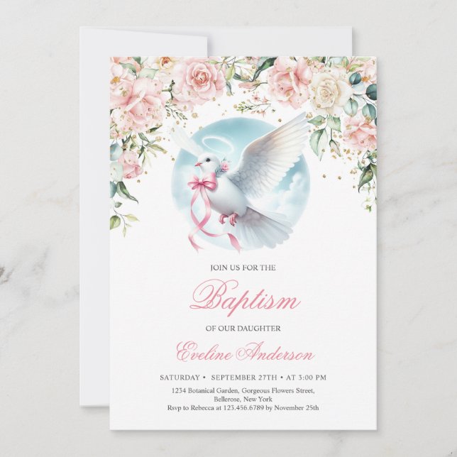Invitation Aquarelle bleu floral courre mignonne colombe Bapt (Devant)