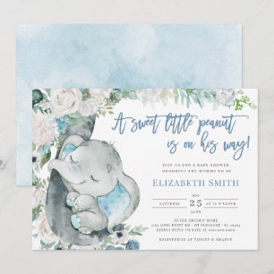 Invitation Aquarelle bleu Floral Elephant Baby shower garçon