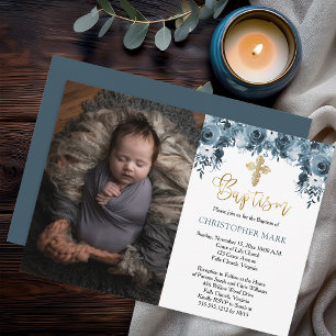 Invitation Aquarelle bleu Floral Faux Gold Boy Photo Baptême