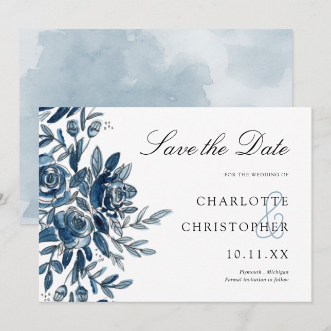 Invitation aquarelle bleu floral horizontal enregistrer la da (Devant / Derrière)