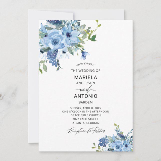 Invitation Aquarelle bleu Floral mariage (Devant)
