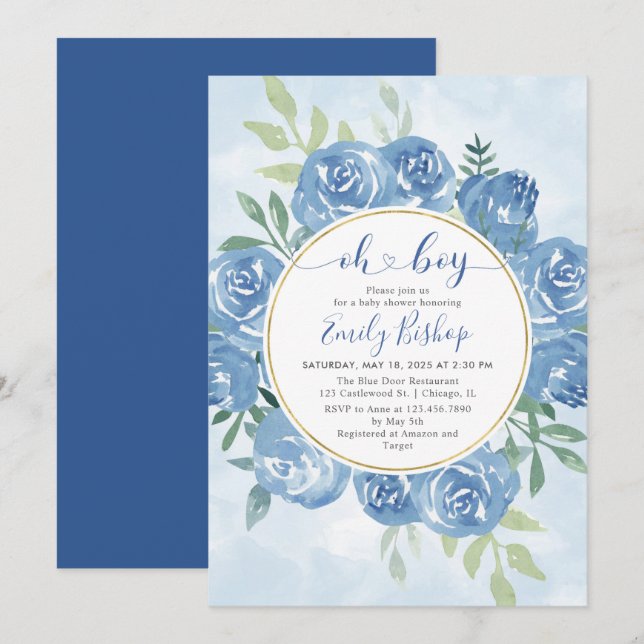 Invitation Aquarelle bleu floral Oh garçon Baby shower (Devant / Derrière)