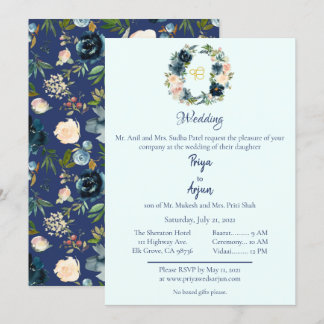 Invitation Aquarelle bleu Floral Sikh Ik Onkar Mariage