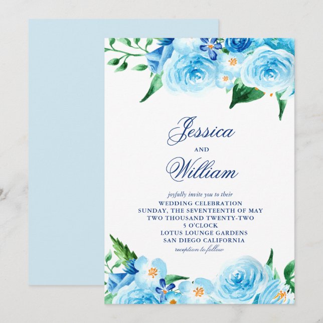 Invitation Aquarelle Bleu Floral Verdure Mariage clair (Devant / Derrière)