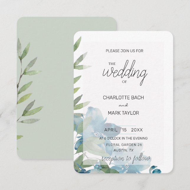 Invitation Aquarelle bleu foncé chic (Devant / Derrière)