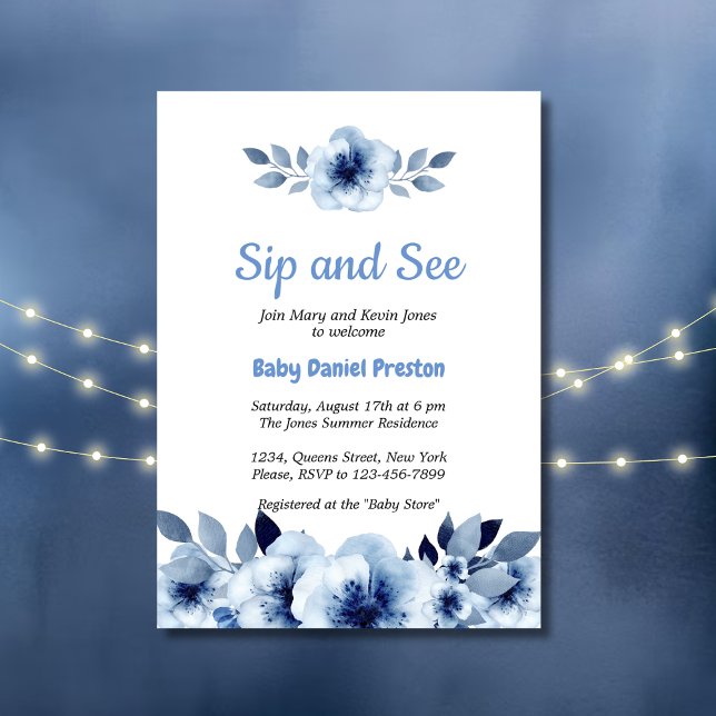 Invitation Aquarelle bleu foncé et voir Baby shower (Créateur téléchargé)