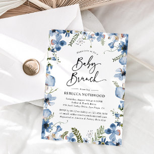 Invitation Aquarelle bleu foncé Floral Bleu Bébé Brunch