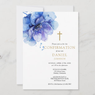 Invitation Aquarelle bleu foncé moderne Confirmation florale