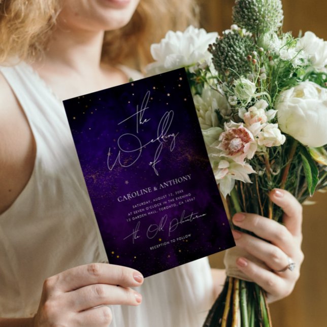 Invitation Aquarelle bleu foncé violet Mariage d'or magique (Créateur téléchargé)