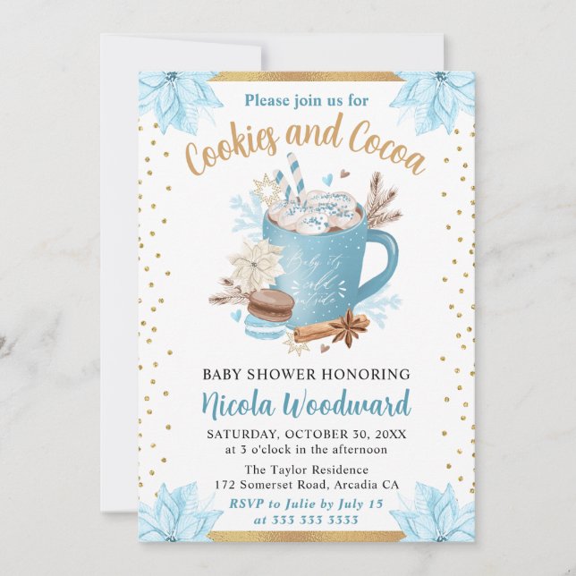 Invitation Aquarelle Bleu Hiver Cookies et Baby shower de cac (Devant)
