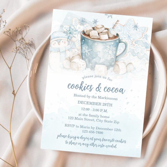 Invitation Aquarelle bleu hiver Cookies et fête du cacao (Créateur téléchargé)