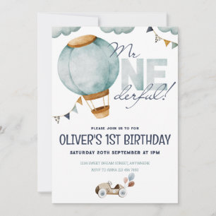 Invitation Aquarelle Bleu Hot Air Balloon M. ONEderful Boy