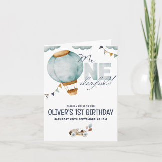 Invitation Aquarelle Bleu Hot Air Balloon M. ONEderful Boy