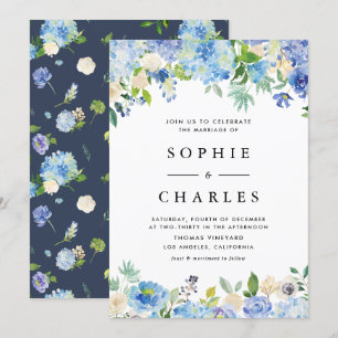 Invitation Aquarelle bleu Hydrangea Fleurs Mariage