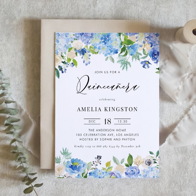 Invitation Aquarelle bleu Hydrangea Floral Quinceañera (Créateur téléchargé)