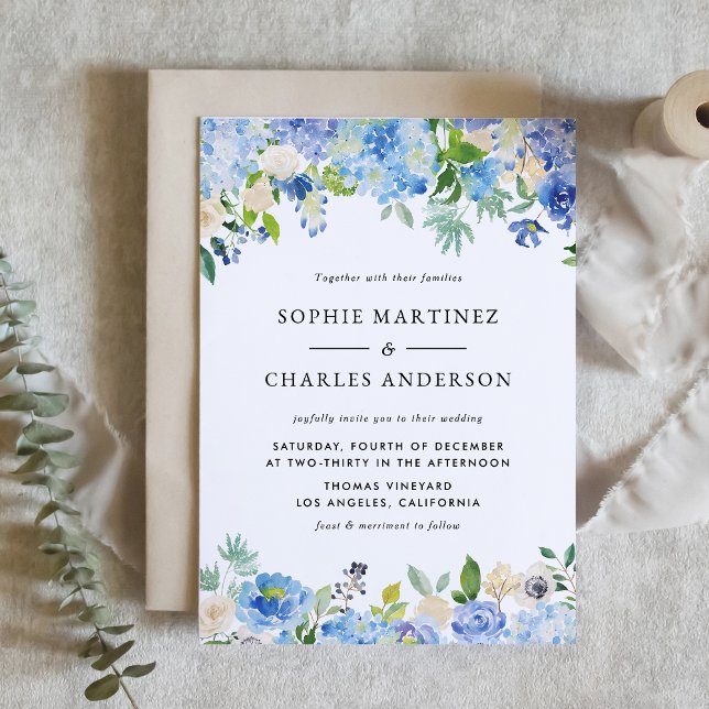 Invitation Aquarelle bleu Hydrangea Mariage botanique (Customizable floral wedding invitation featuring watercolor blue hydrangeas and ivory roses)