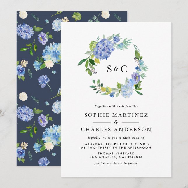 Invitation Aquarelle bleu Hydrangea Mariage de couronnes (Devant / Derrière)