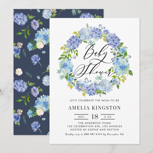 Invitation Aquarelle bleu Hydrangea Wreath Baby shower (Devant / Derrière)